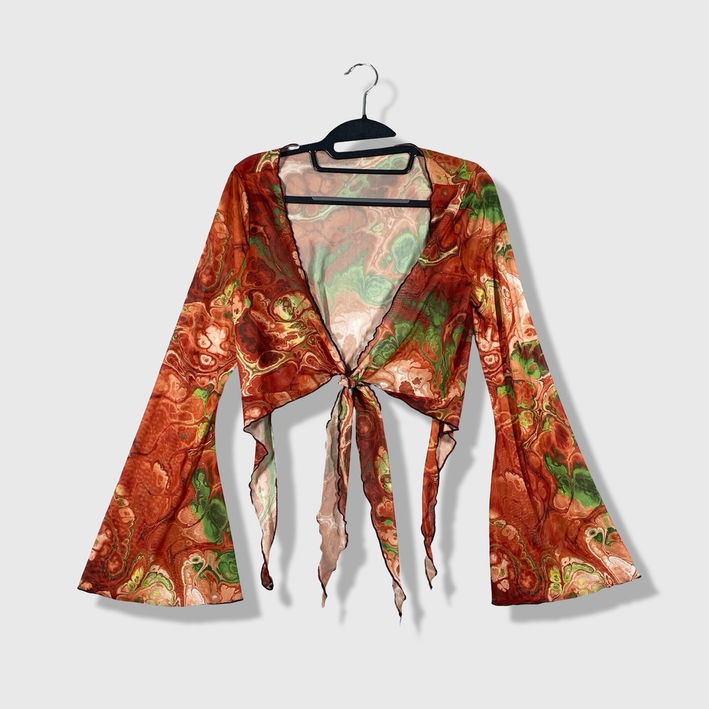 Tie Front Top Womens L Multicolor Marble Mesh Flare Sleeve Boho Retro Festival